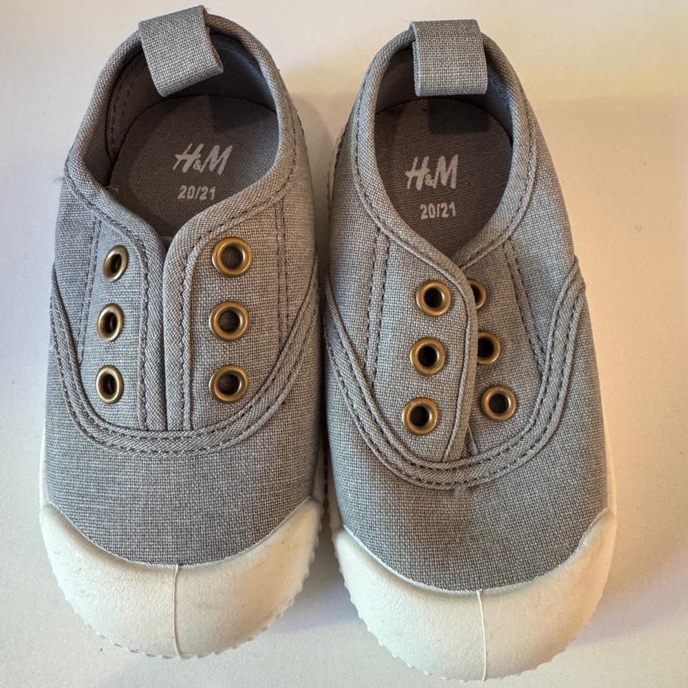 H&M Kids Light Gray Canvas Slip-On Sneakers with Gold Eyelets